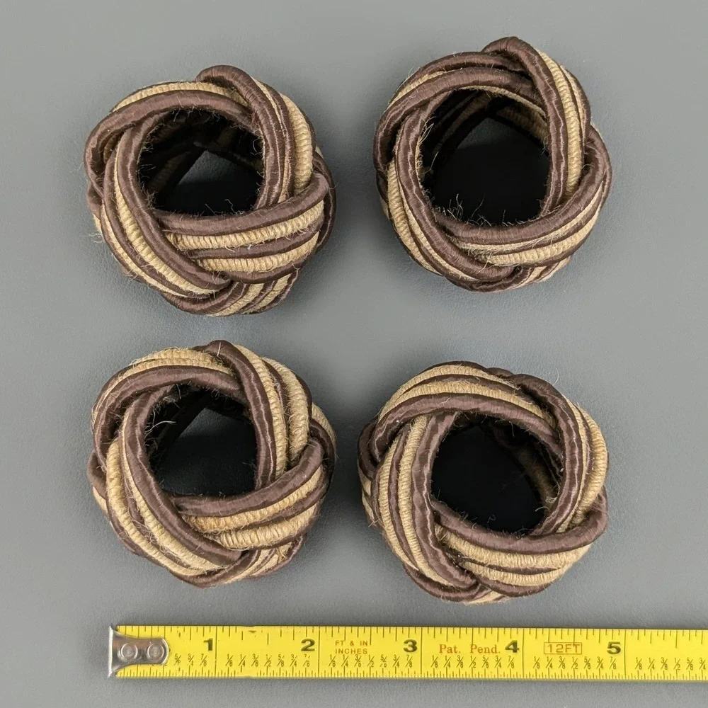 Woven Turk's Head Knot Napkin Rings Brown Tan Braided Cord Set of 4